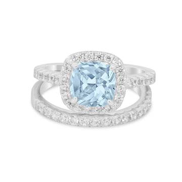 Two Piece Cushion Art Deco Wedding Ring Simulated Aquamarine CZ 925 Sterling Silver